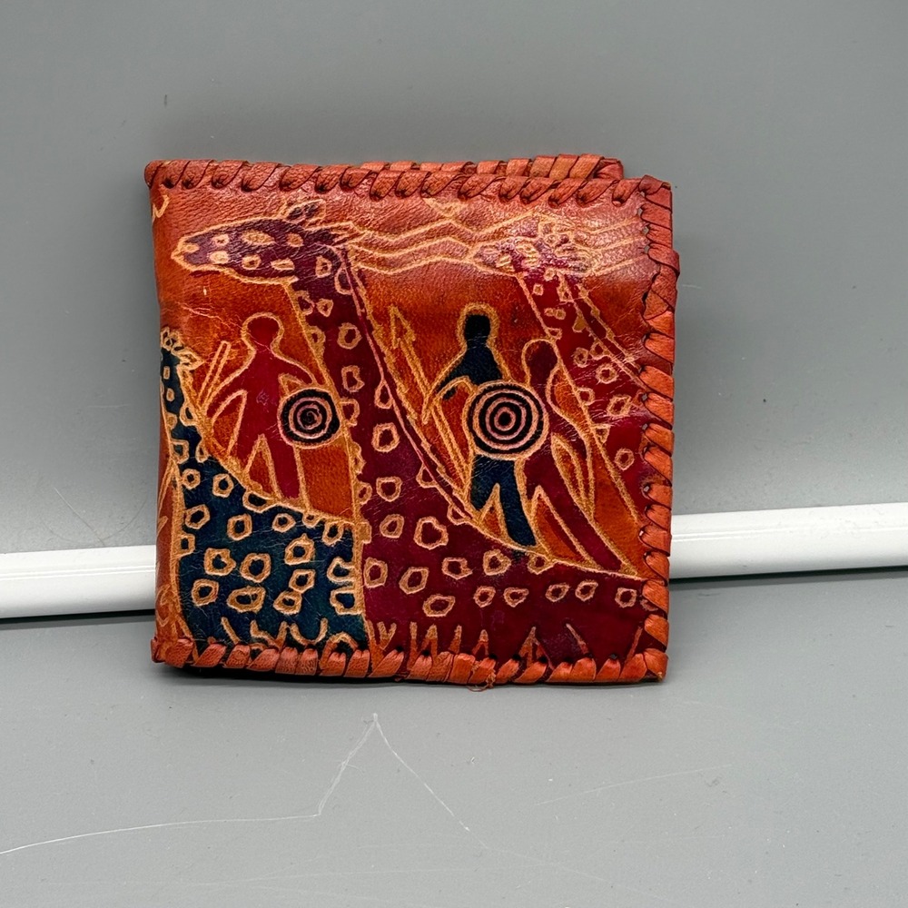 Handmade Tooled Leather Bifold Wallet Giraffe Tribal Art Whipstitch Tan Brown